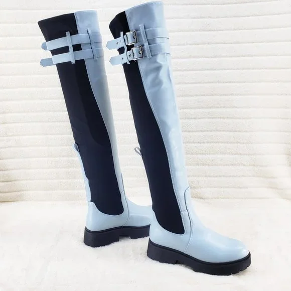 Techno Baby Blue Lycra Stretch Lug Sole Thigh High Combat Rider Brand New - Picture 5 of 16